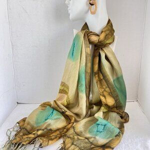 Hand Dyed Scarf Green Ombre Abstract Silk Rayon 70s Batik Vibe
